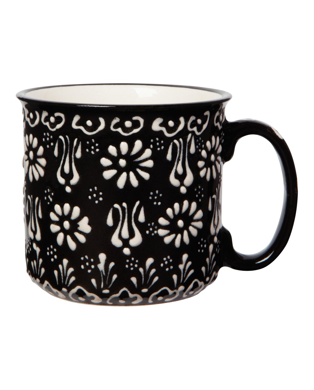 Hand-painted Turkish earthenware mug in black with white floral pattern