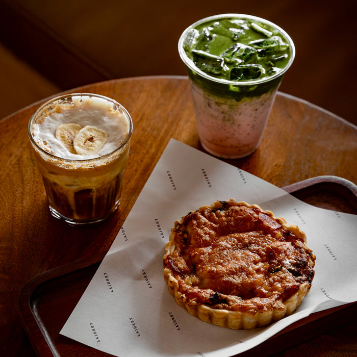 Organic Coffee - Laidrey Roasters - Banana Shaken Espresso, Strawberry Matcha Latte, and Quiche