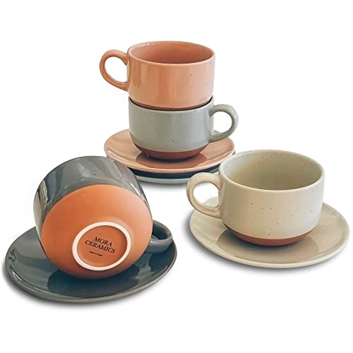 Mora Ceramic Cups —8oz Coffee Cup Set With Saucers, Assorted Neutral –  Laidrey