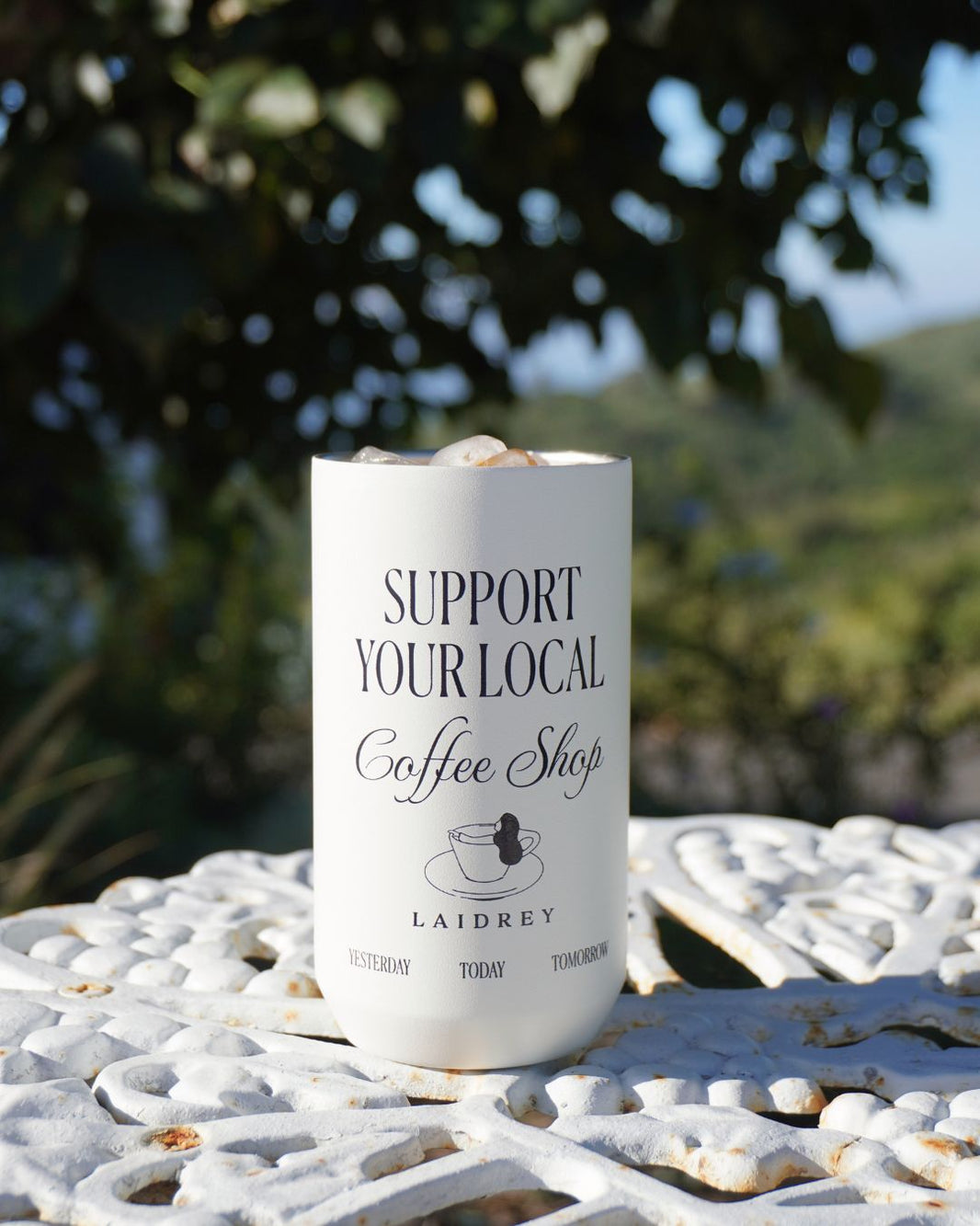 Stainless steel coffee tumbler with vacuum insulated design and support your local coffee shop artwork