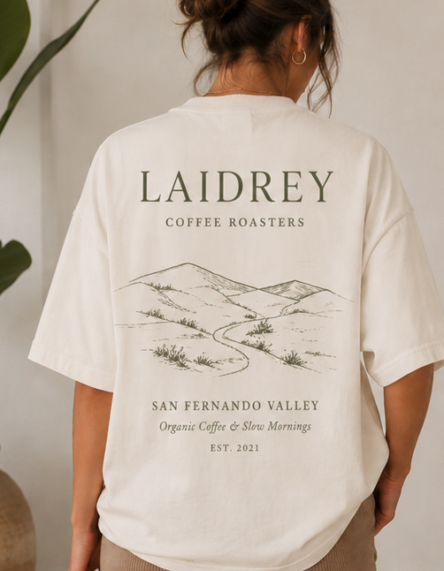 Back view of Laidrey Coffee Roasters heavyweight crew neck t-shirt in crème