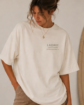 Laidrey Coffee Roasters heavyweight crew neck t-shirt in crème featuring front logo branding