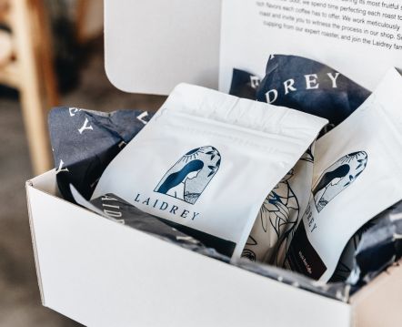 Coffee box subscription packaging fresh whole bean roasted coffee bags from Laidrey 