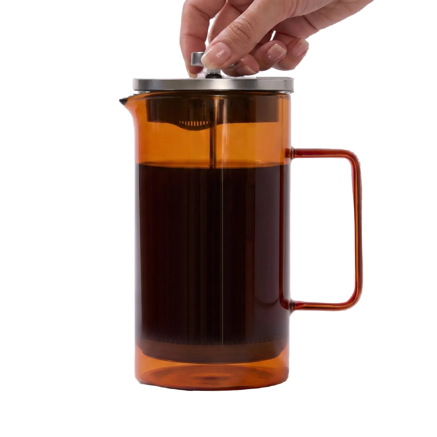 Modern glass French press coffee maker with ergonomic handle and stainless steel filter