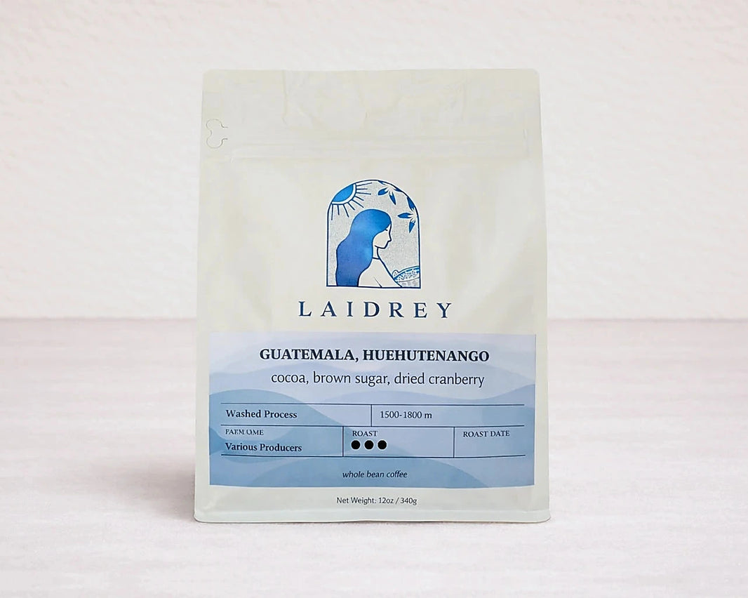 Guatemala coffee by Laidrey, 12 oz bag of Huehuetenango washed whole bean coffee with cocoa, brown sugar, and dried cranberry notes