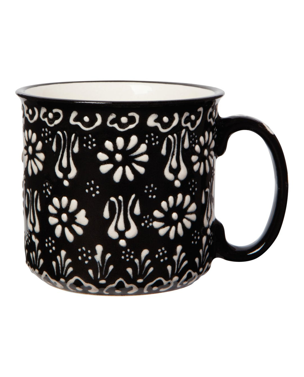 Hand-painted Turkish earthenware mug in black with white floral pattern