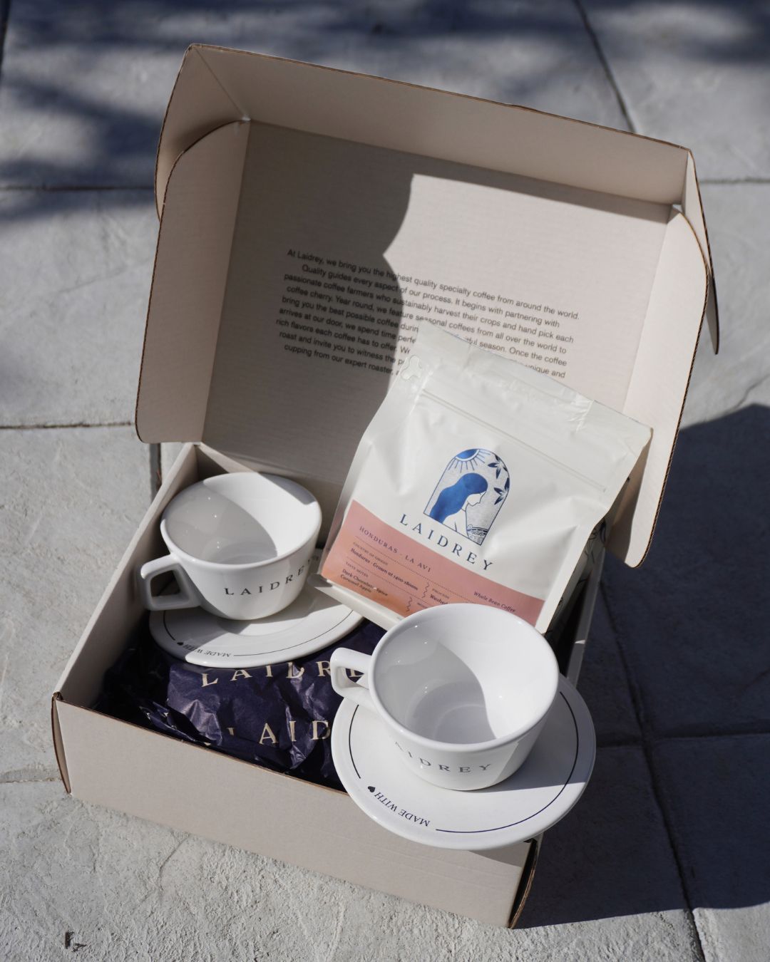 Mother’s Day gift box with Laidrey coffee and white cup and saucer sets in premium packaging