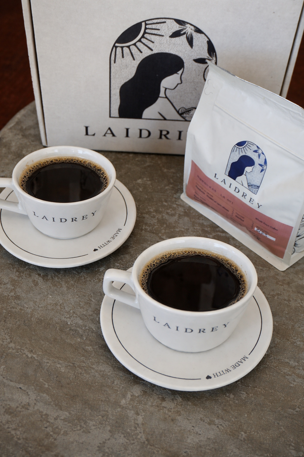 Laidrey Honduras dark roast coffee with two white ceramic cup and saucer sets for Mother’s Day gift