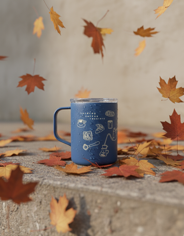 Laidrey camp mug sitting on a stone ledge surrounded by fallen autumn leaves